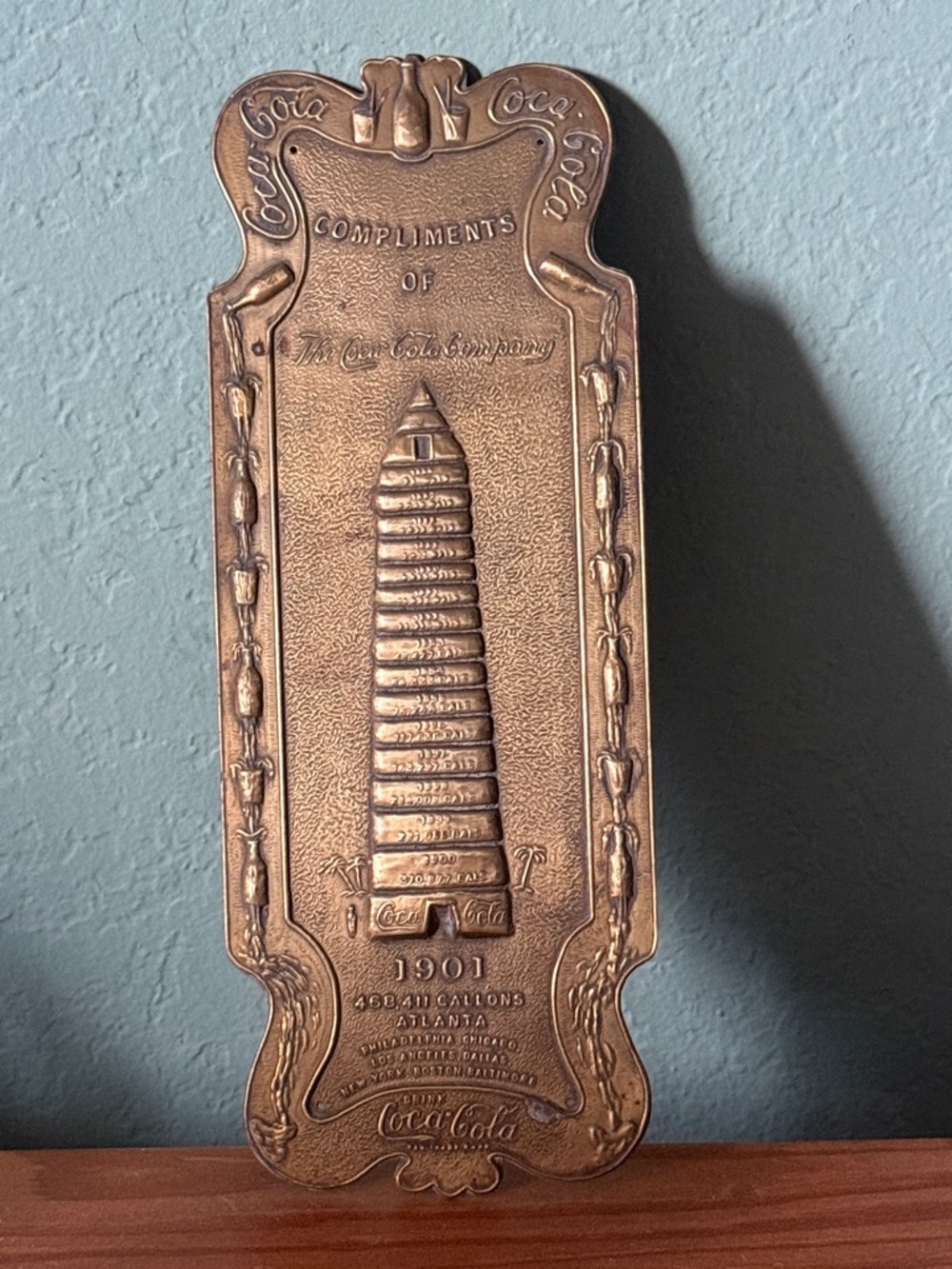 1901 Compliments of Coca Cola Coke Antique Brass Wall Plaque Sign Door Push 10"